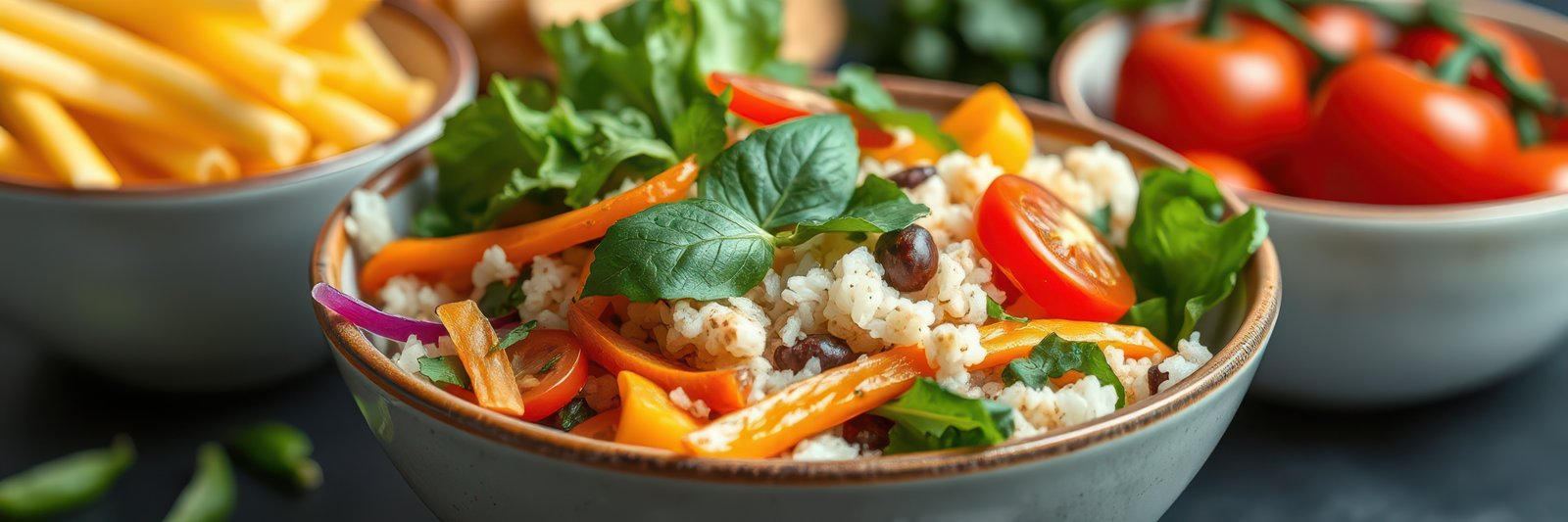 Colorful salad with fresh vegetables and cheese served alongside crispy fries and ripe tomatoes at a casual dining setting
